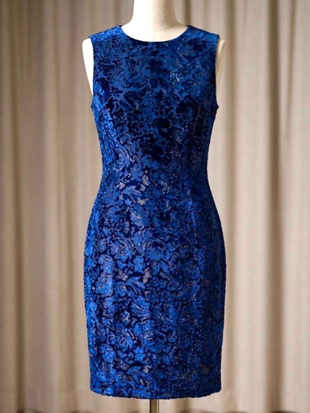 Kay Unger Navy Blue Burnout Velvet Sheath Dress